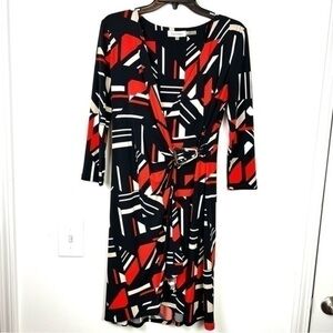 Calvin Klein faux wrap dress womens size XS V-Neck red, white, black geometric
